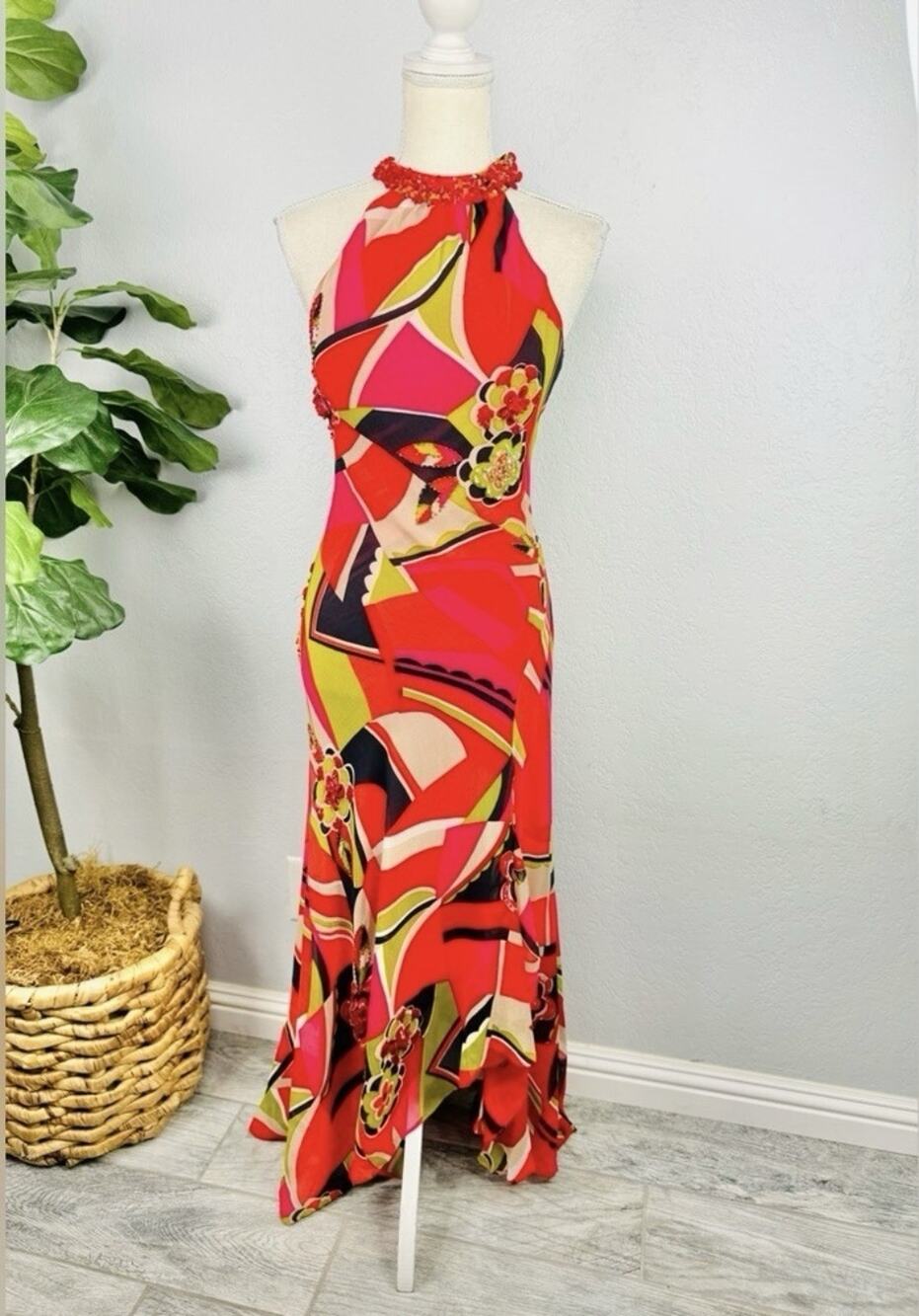 Sue Wong 100% Silk Red Floral Beaded Sequined Abstract Maxi Dress Gown